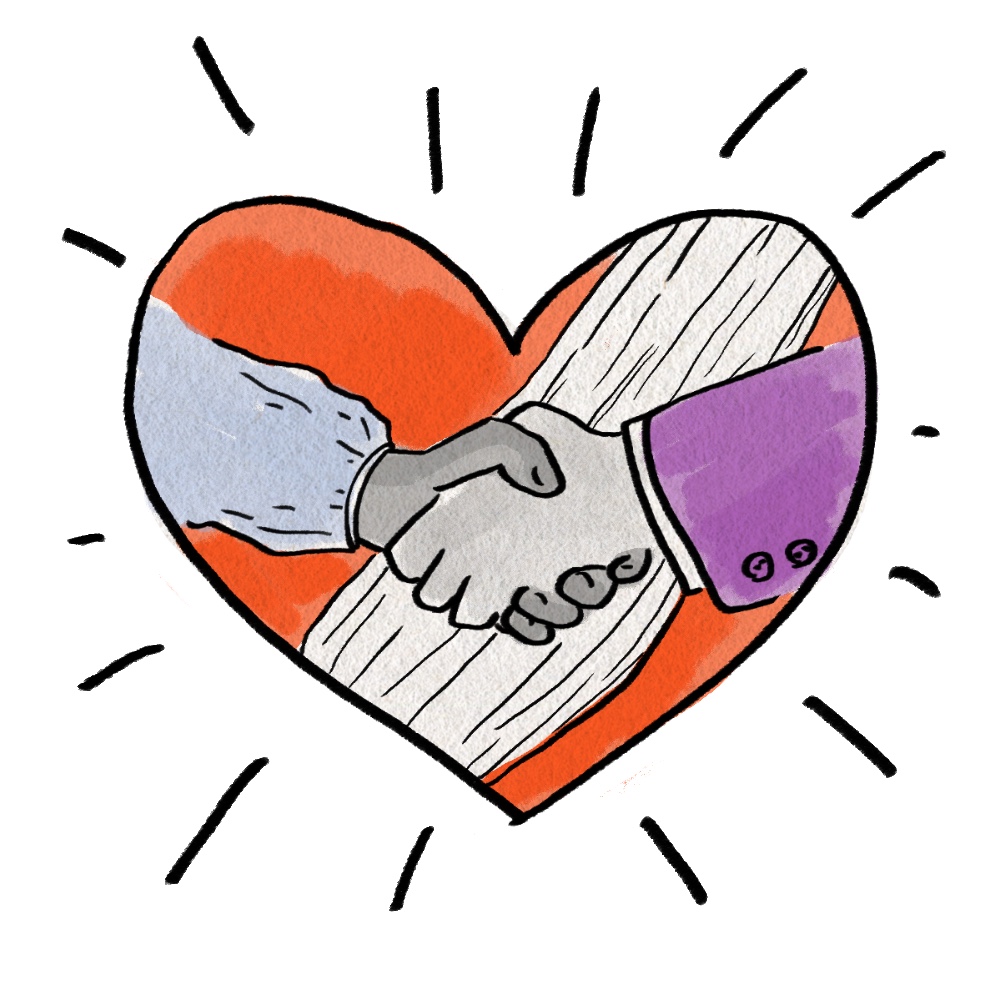 A cartoon drawing of a doctor and a businessman shaking hands in front of a mended heart.