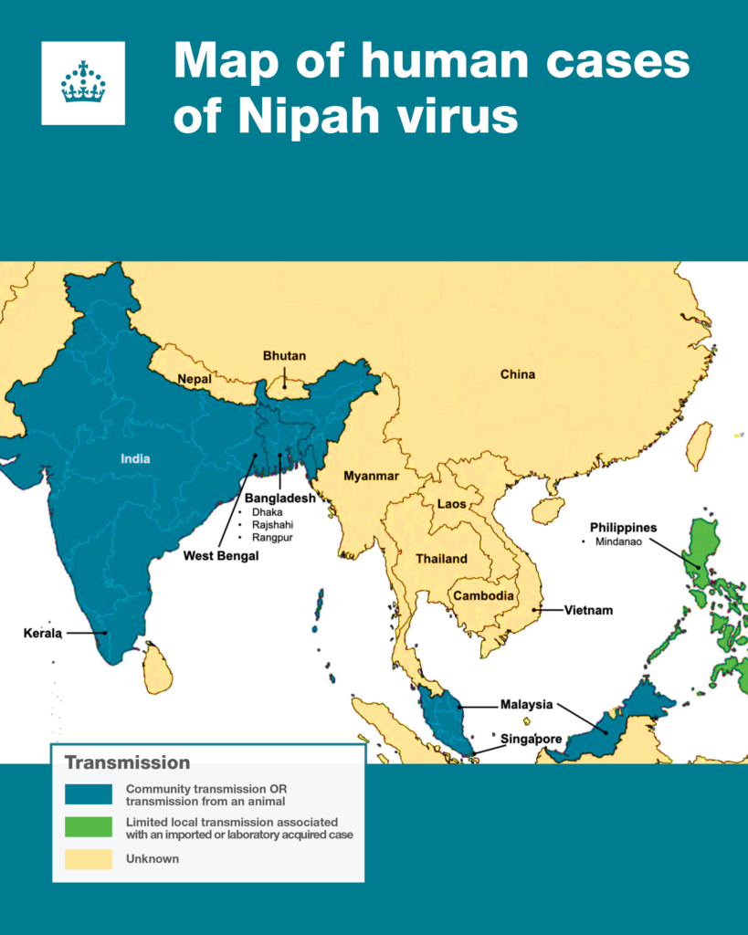 A map of South and Southeast Asia titled “Map of human cases of Nipah virus.” Countries and regions with reported human cases are shaded in different colours based on transmission type. Dark blue areas indicate community transmission or animal‑to‑human transmission, including parts of India (such as Kerala and West Bengal), Bangladesh, Malaysia, and Singapore. Light green areas show limited local transmission linked to imported or laboratory‑acquired cases, including parts of the Philippines (Mindanao). Yellow areas indicate unknown transmission status in the surrounding region. The map includes national borders and labels for countries such as India, Bangladesh, Bhutan, Nepal, Myanmar, China, Thailand, Laos, Cambodia, Vietnam, Malaysia, Singapore, and the Philippines. A legend explains the colour categories.